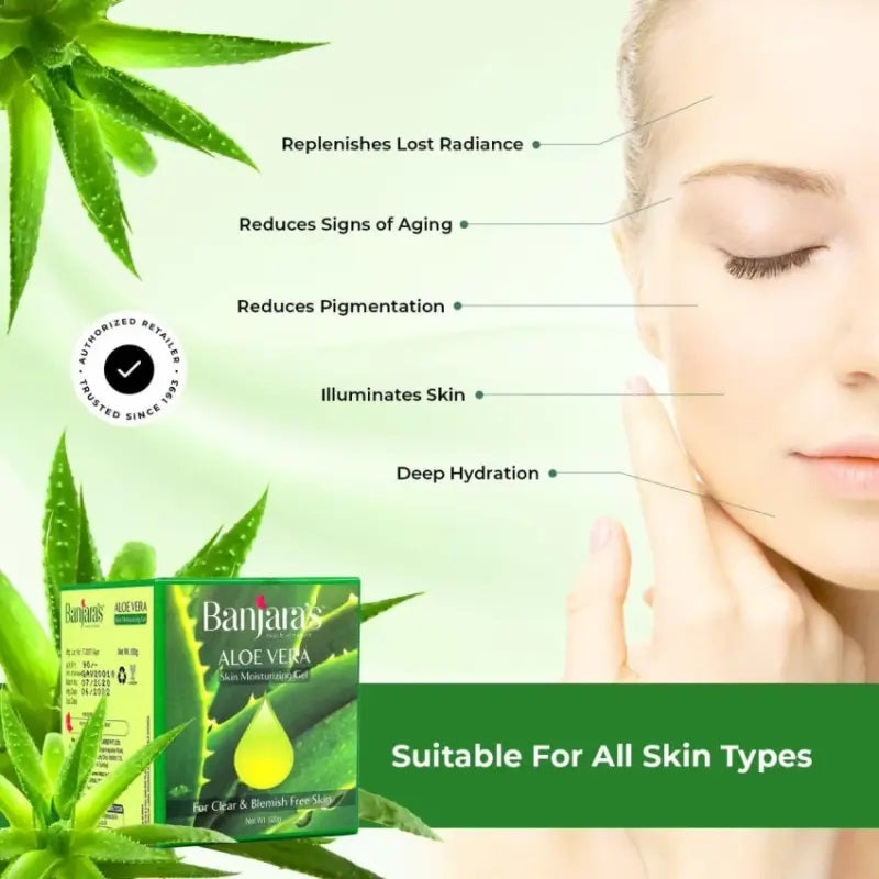 Banjaras Moisturising Gel - For Clear & Blemish Free Skin - For All Skin Types - Locks Moisture And Prevents Premature Aging - With Aloe Vera Leaf Juice, Glycerine & Provitamin B5- 100 G