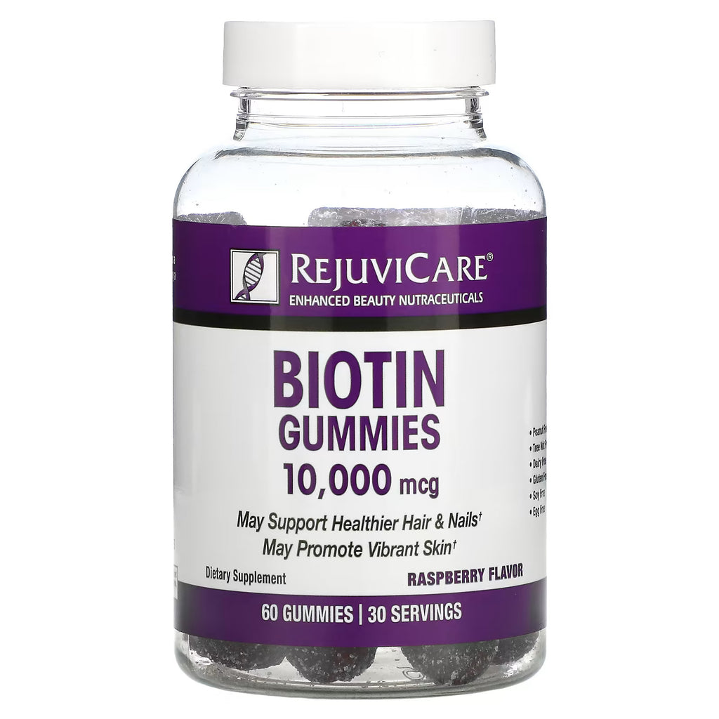 RejuviCare Biotin Gummies 10,000 mcg Raspberry Flavour  - For Healthier Hair & Nails  - Promote Vibrant Skin - Dietary Supplement - 60 Gummies / 30 Servings