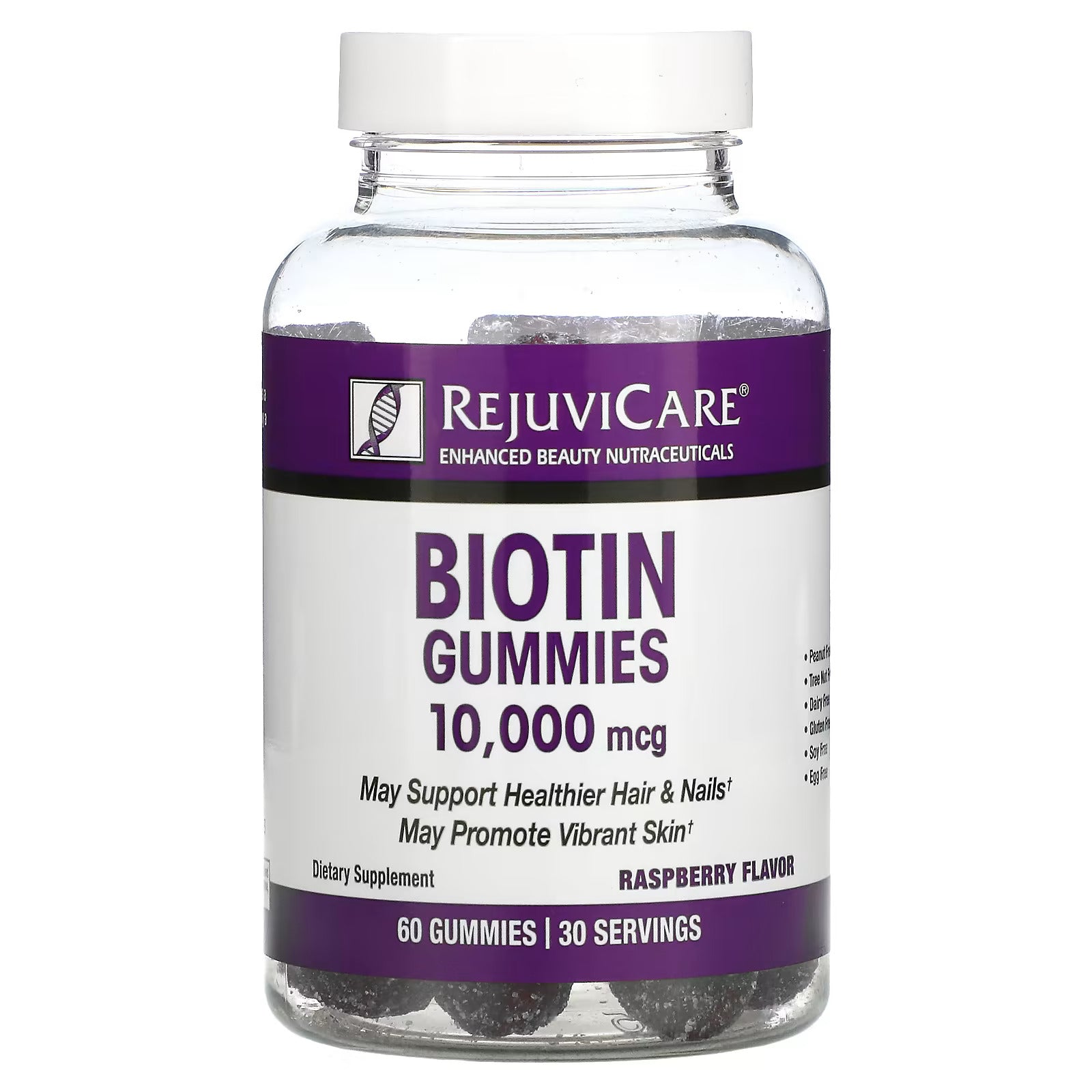 RejuviCare Biotin Gummies 10,000 mcg Raspberry Flavour  - For Healthier Hair & Nails  - Promote Vibrant Skin - Dietary Supplement - 60 Gummies / 30 Servings