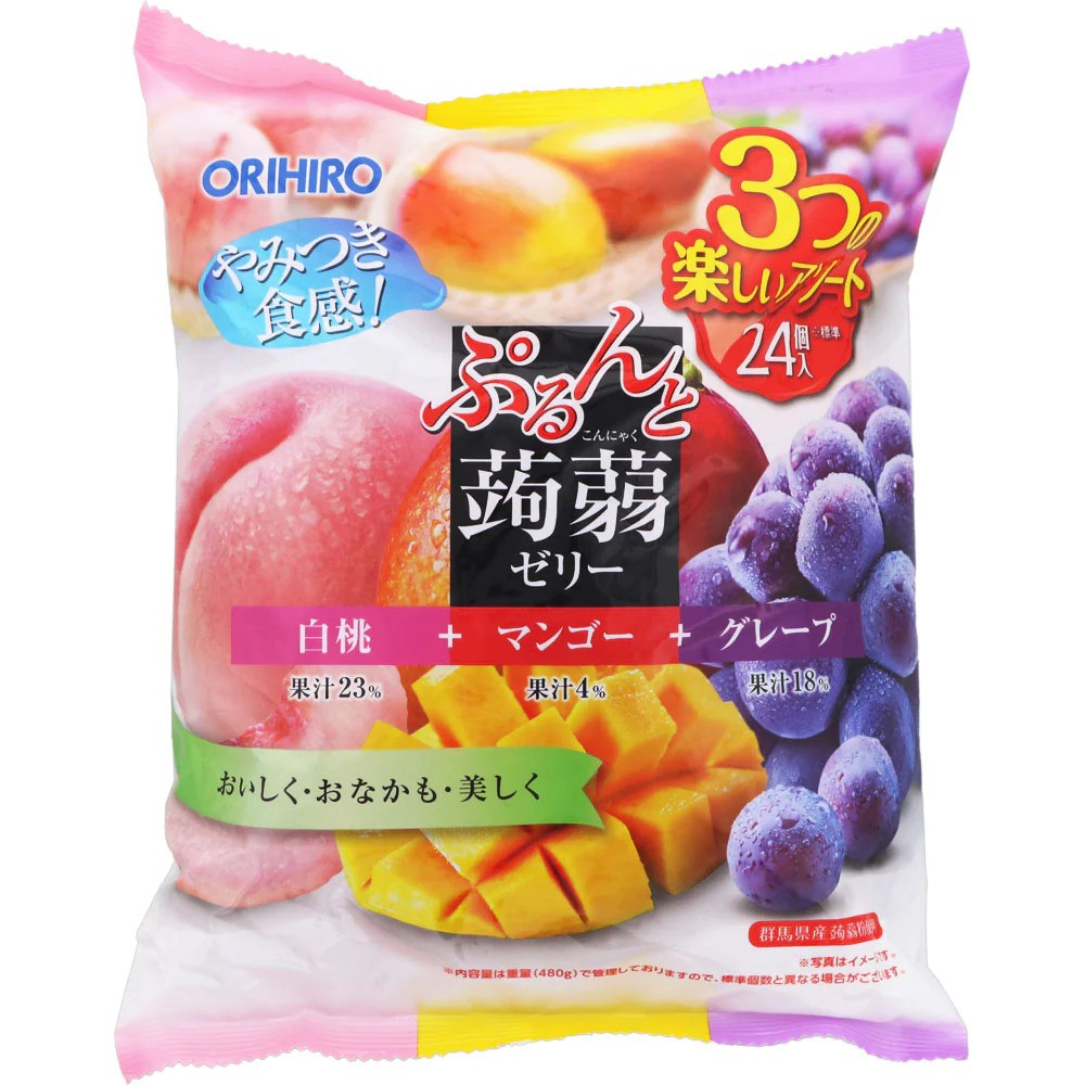 Orihiro Konjac Jelly White Peach, Mango & Grape- Konnyaku Jelly- Delicious Healthy Snack- Low Calorie - 24x20g (Total of 480g)