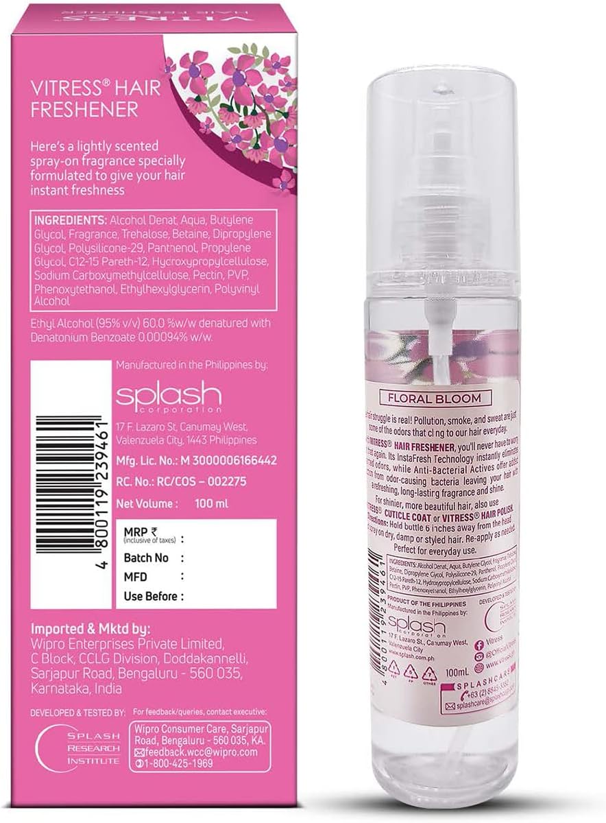 Vitress Hair Freshener Floral Bloom - Eliminates Unwanted Odors - Keeps Hair Smooth & Shiny - With Anti-Bacterial Actives - 100ml