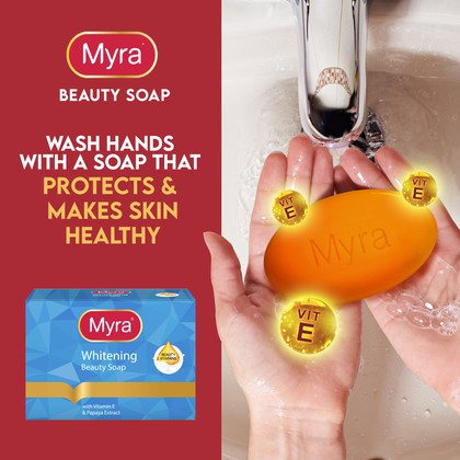 Myra Whitening Beauty Soap - With Vitamin E and Papaya Extract - Deeply Cleanses for Healthy White Skin -  90g