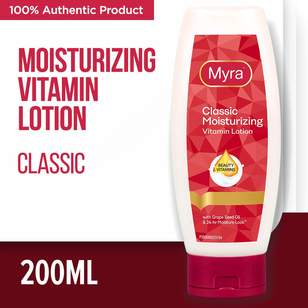 Myra Classic Moisturizing Vitamin Lotion  - With Grape Seed Oil & 24hr Moisture Lock - Keeps Skin Smooth, Glowing & Healthy - Powerful Combination of Vitamins - 200ml