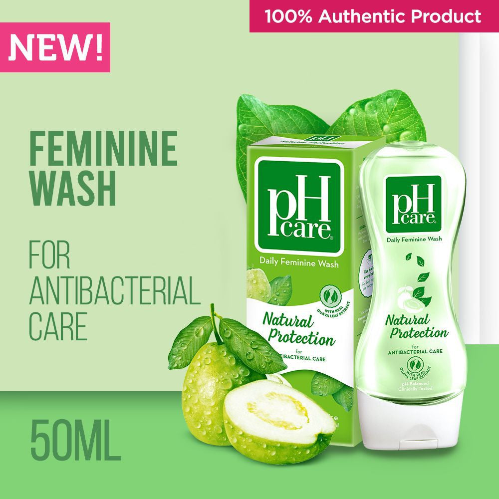 pH care Daily Feminine Wash Natural Protection - With Real Guava Leaf Exrtract - For Antibacterial Care - Safe for Everyday Use - pH-Balanced & Clinically Tested - 50ml