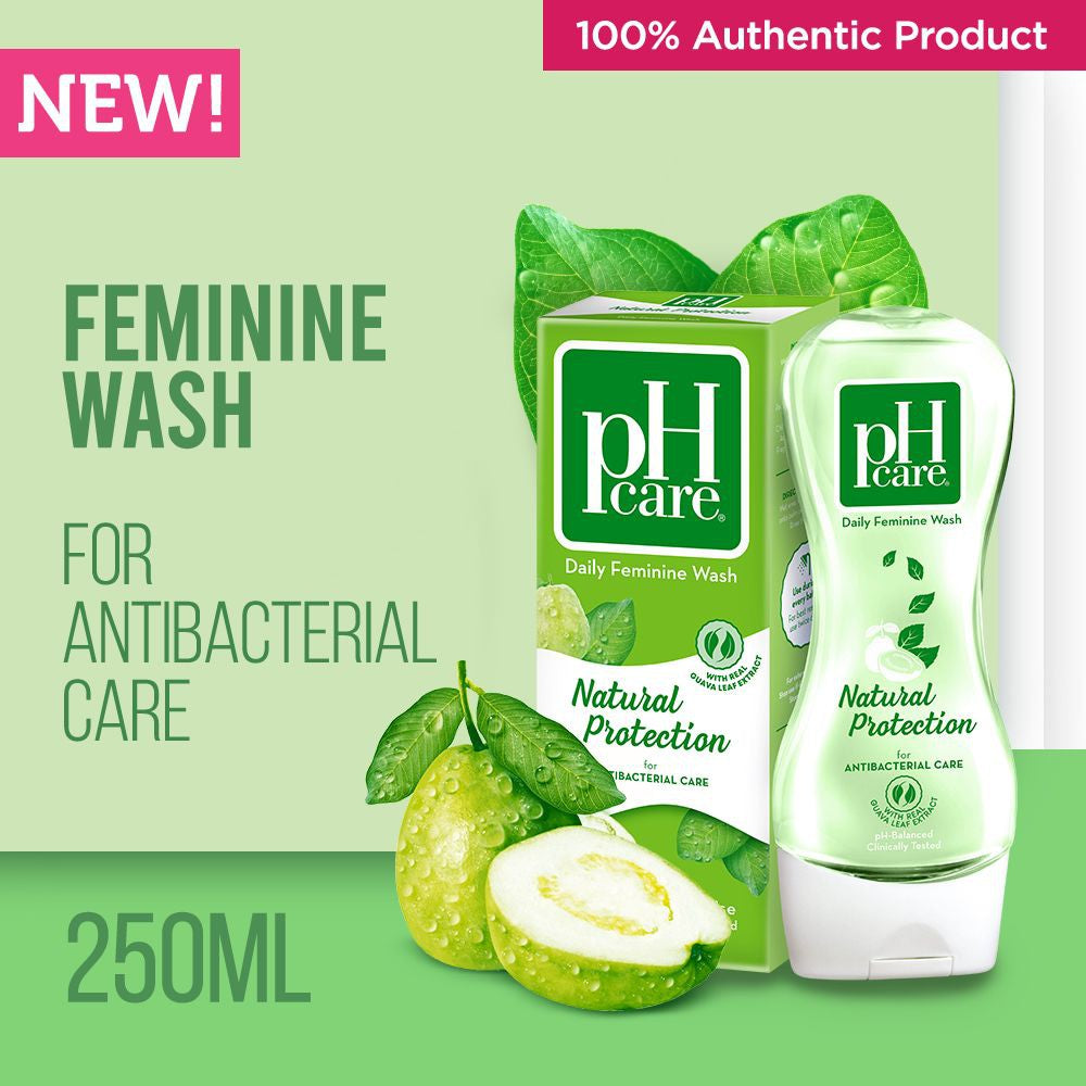 pH care Daily Feminine Wash Natural Protection - With Real Guava Leaf Extract - For Antibacterial Care - Safe for Everyday Use - pH-Balanced & Clinically Tested - 250ml