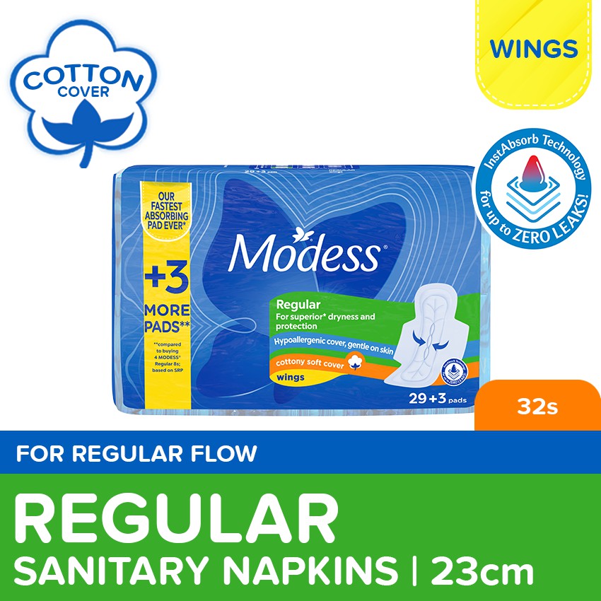 Modess Cottony Regular with Wing 29+3 Pads - For Superior Dryness and Protection - Hypoallergenic Cover & Gentle on Skin - Cottony Soft Cover