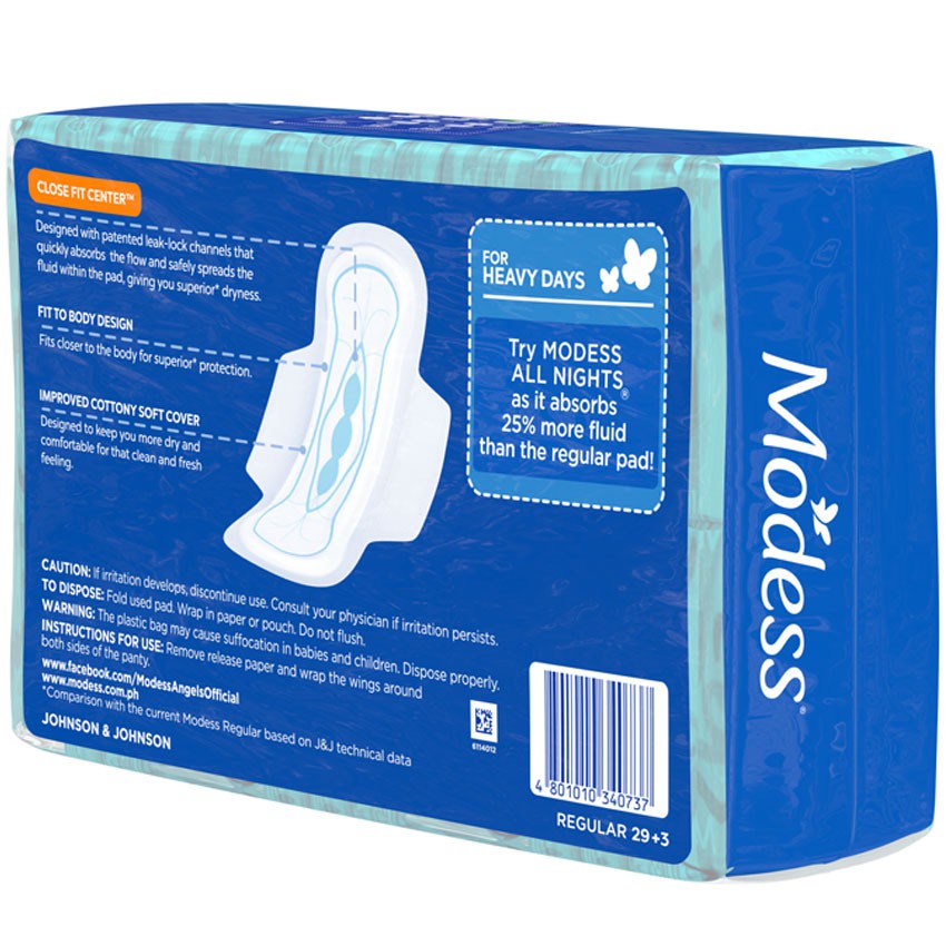 Modess Cottony Regular with Wing 29+3 Pads - For Superior Dryness and Protection - Hypoallergenic Cover & Gentle on Skin - Cottony Soft Cover