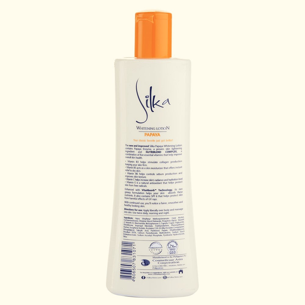Silka Whitening Lotion Papaya  - With SPF 6 - Helps Achieve Healthy & Glowing Skin - Whitens as Early as 7 Days - Nourishing Body Lotion - 200 ml