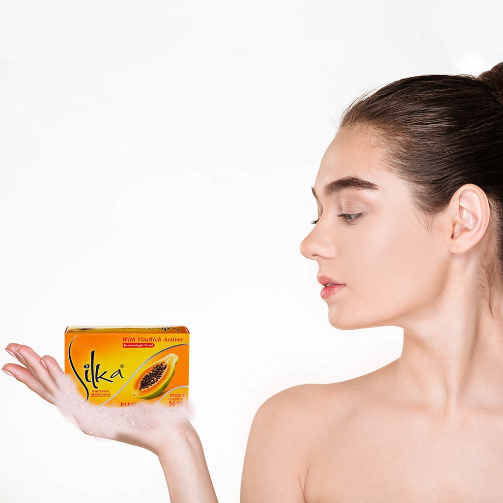 Silka Whitening Herbal Soap Papaya  - With Vita Rich Actives - Whitens as Early as 14 days - Dermatologist Tested - Exfoliates and Moisturizes Skin - 135 g