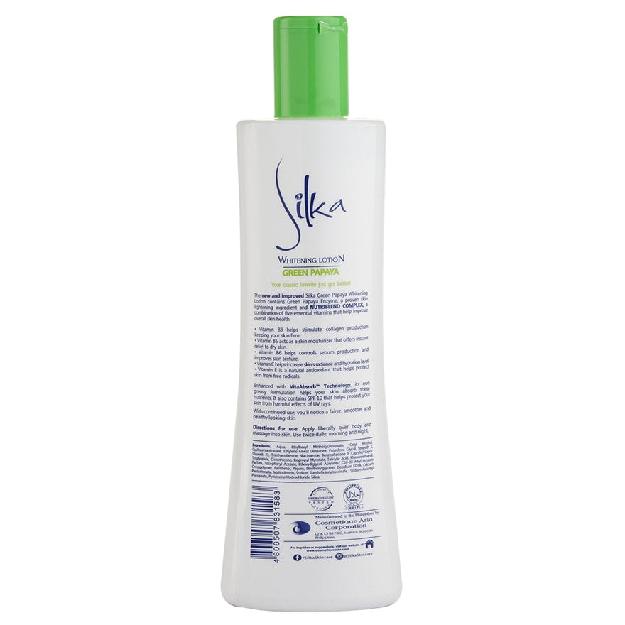 Silka Whitening Lotion Green Papaya  - With SPF10  - Helps Achieve Healthy & Glowing Skin - Whitens as Early as 7 Days - Nourishing Body Lotion - 300 ml
