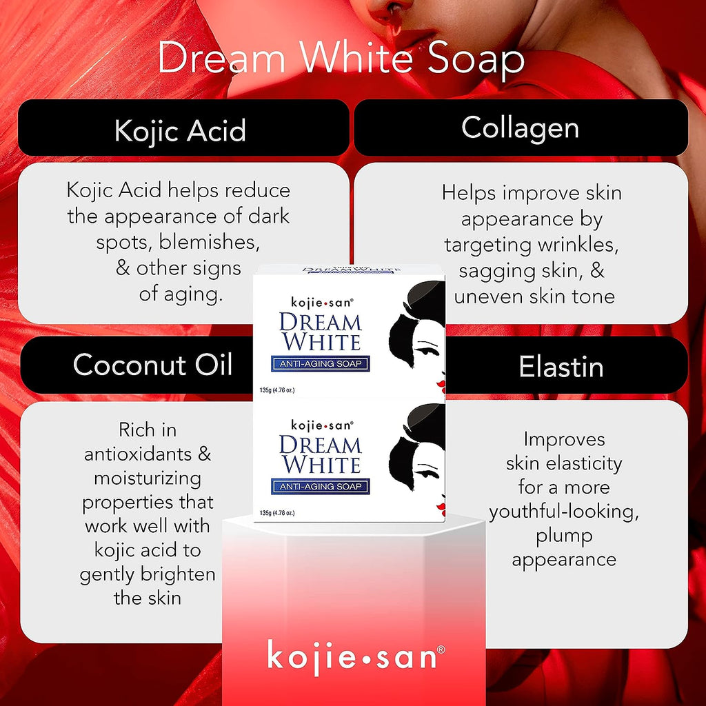 Kojiesan Dream White Anti-Aging Soap - Combination of Collagen & Elastin Plus Lightening Effect of Kojic Acid - Helps Moisturize & Whitens Your Skin - 2 x 135g