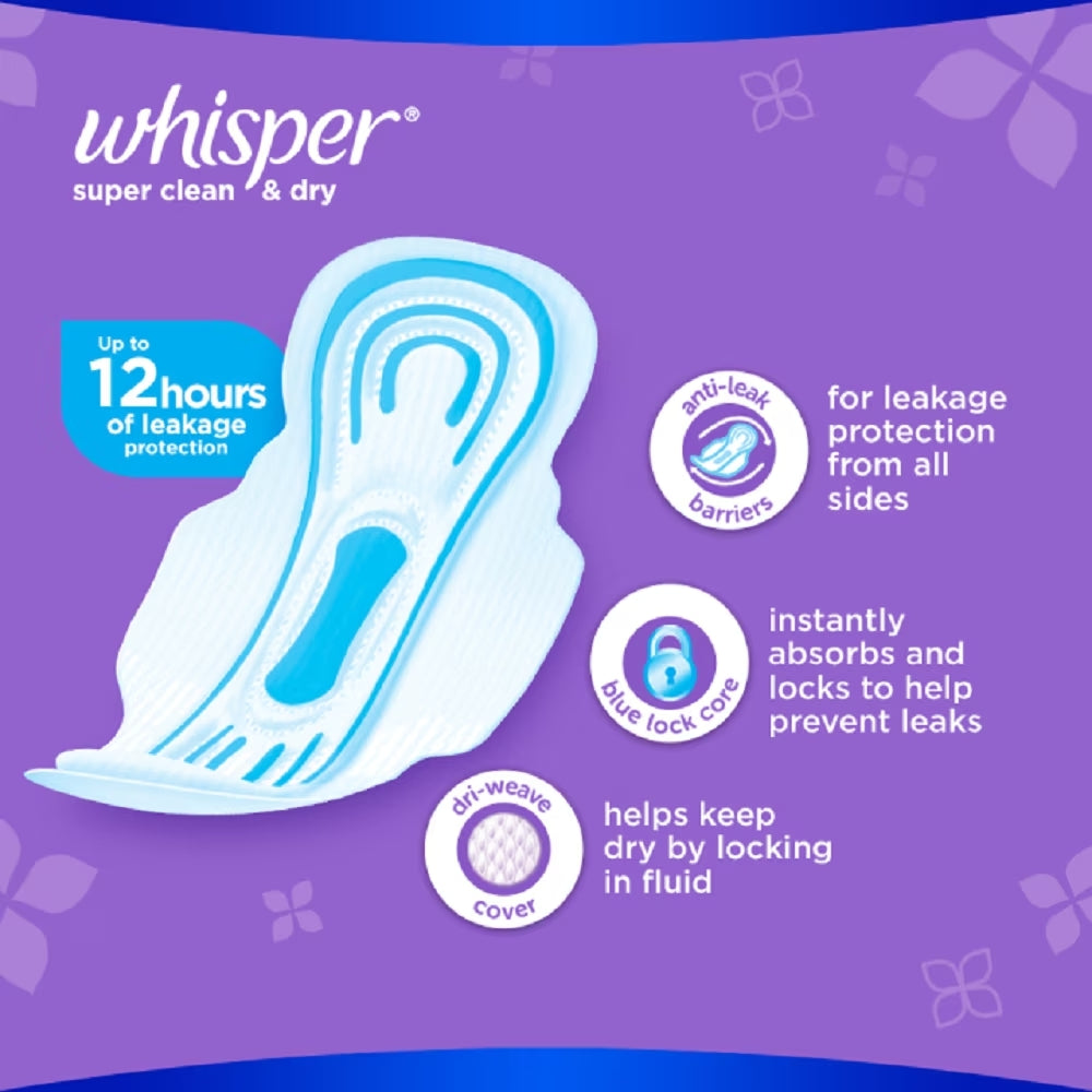 Whisper Super Clean & Dry Pads with Wings - 20% Longer and Wider - Up to 12 hours of Leakage Protection - Anti Leak Barriers - Fast Absorbing - 8 pads