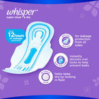 Whisper Super Clean & Dry Pads with Wings - 20% Longer and Wider - Up to 12 hours of Leakage Protection - Anti Leak Barriers - Fast Absorbing - 8 pads