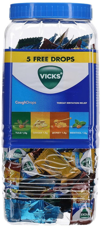 Vicks Cough Drops - Tulsi, Ginger, Honey & Menthol - Throat Irritation Relief - Works As A Cough Suppressant & As An Oral Anaesthetic To Stop Dry Cough- 210 Lozenges
