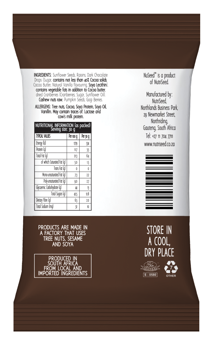 NutriSeed NuSeed Snacking Belgian Chocolate With Seeds, Nuts & Berries - For the Carb Conscious - High in Dietary Fibre & Protein - Gluten-Free - Blend of Choco Drop,Raisins - 30g