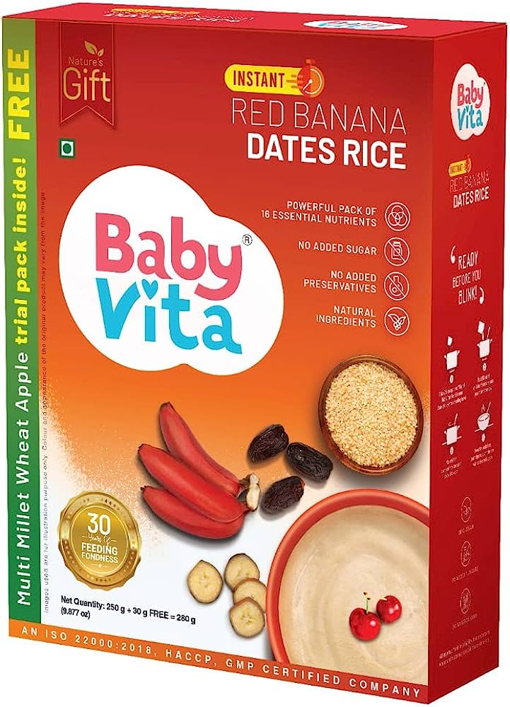BabyVita Red Banana Dates Rice - Powerful Pack of 15 Essential Nutrients - No Added Sugar, No Added Preservatives, Natural Ingredients - 280g