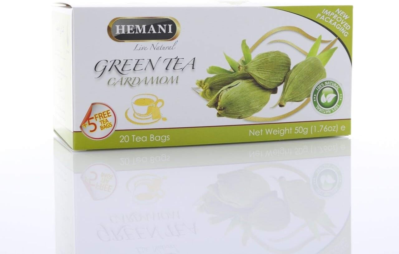 Hemani Cardamom Green Tea 100% Natural Aromatic Anti - Ageing Tea 20 + 5 Free Tea Bags - 50 gms