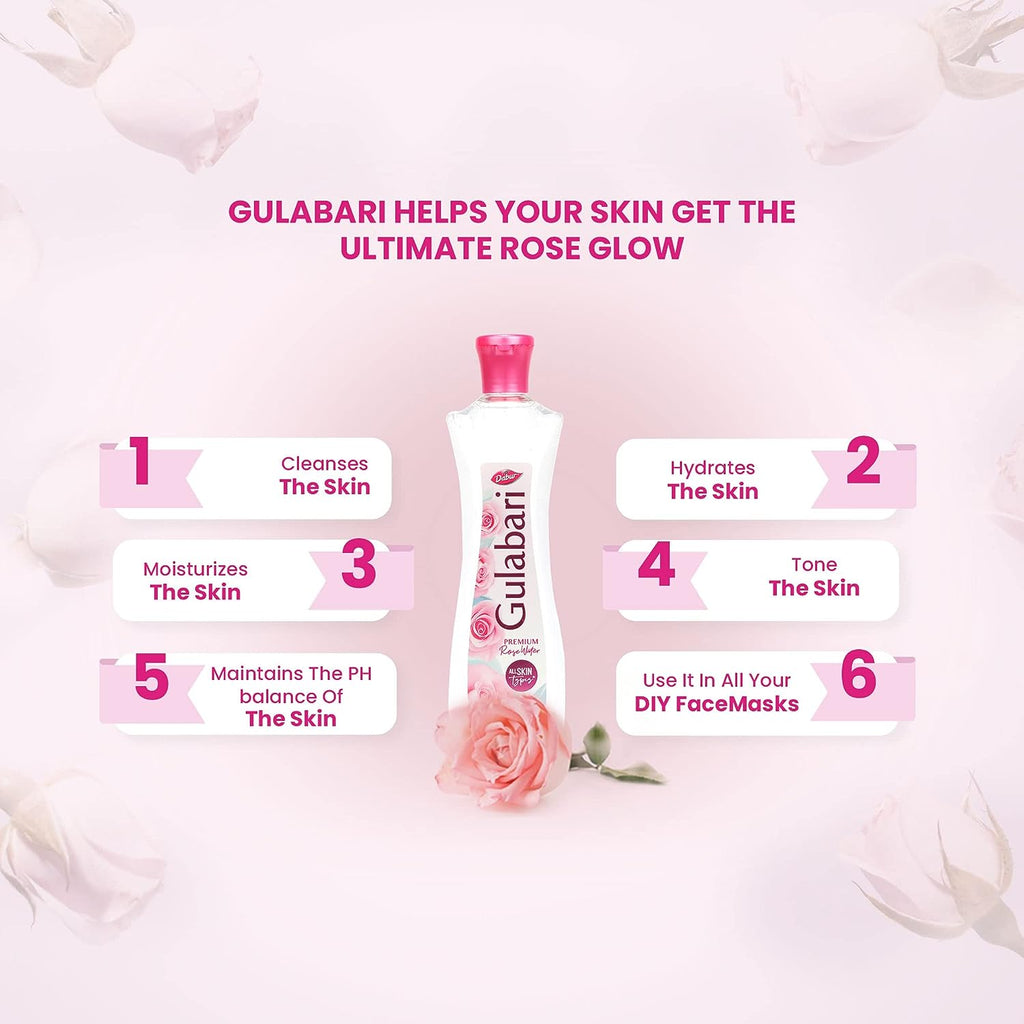 Dabur Gulabari Premium Rose Water  - For All Skin Types  - 100% Pure Rose Oil & Paraben Free  - Cleanses Your Skin from Deep Within - Dermatologically Tested - 250ml