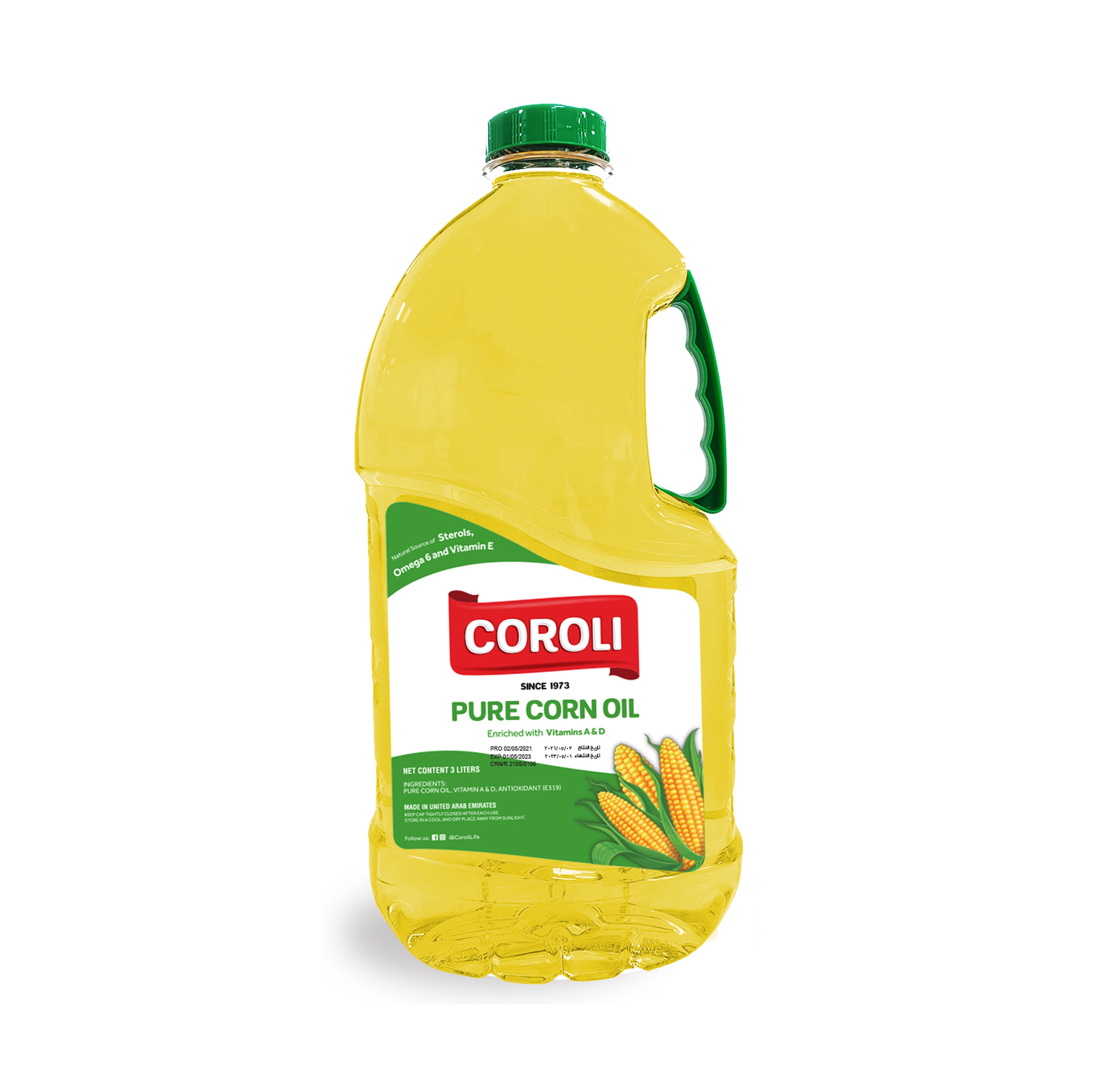 Coroli Pure Corn Oil - Cholesterol Free & Enriched with Vitamin A, D & E - Source of Natural Antioxidants Omega 6 - The Best & Most Versatile Cooking Oil  - 3 Liters