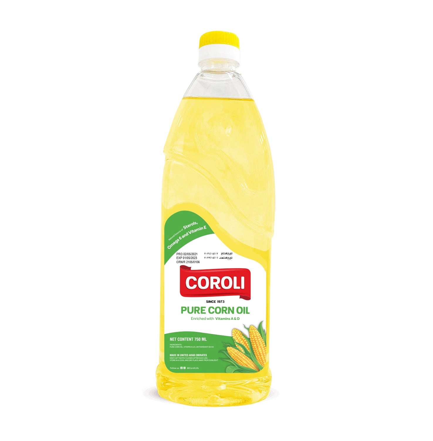 Coroli Corn Oil Pet Bottle - Cholesterol Free & Enriched w/ Vitamin A, D & E - Source of Natural Antioxidants Omega 6  - The Best & Most Versatile Cooking Oil  - 750 ml