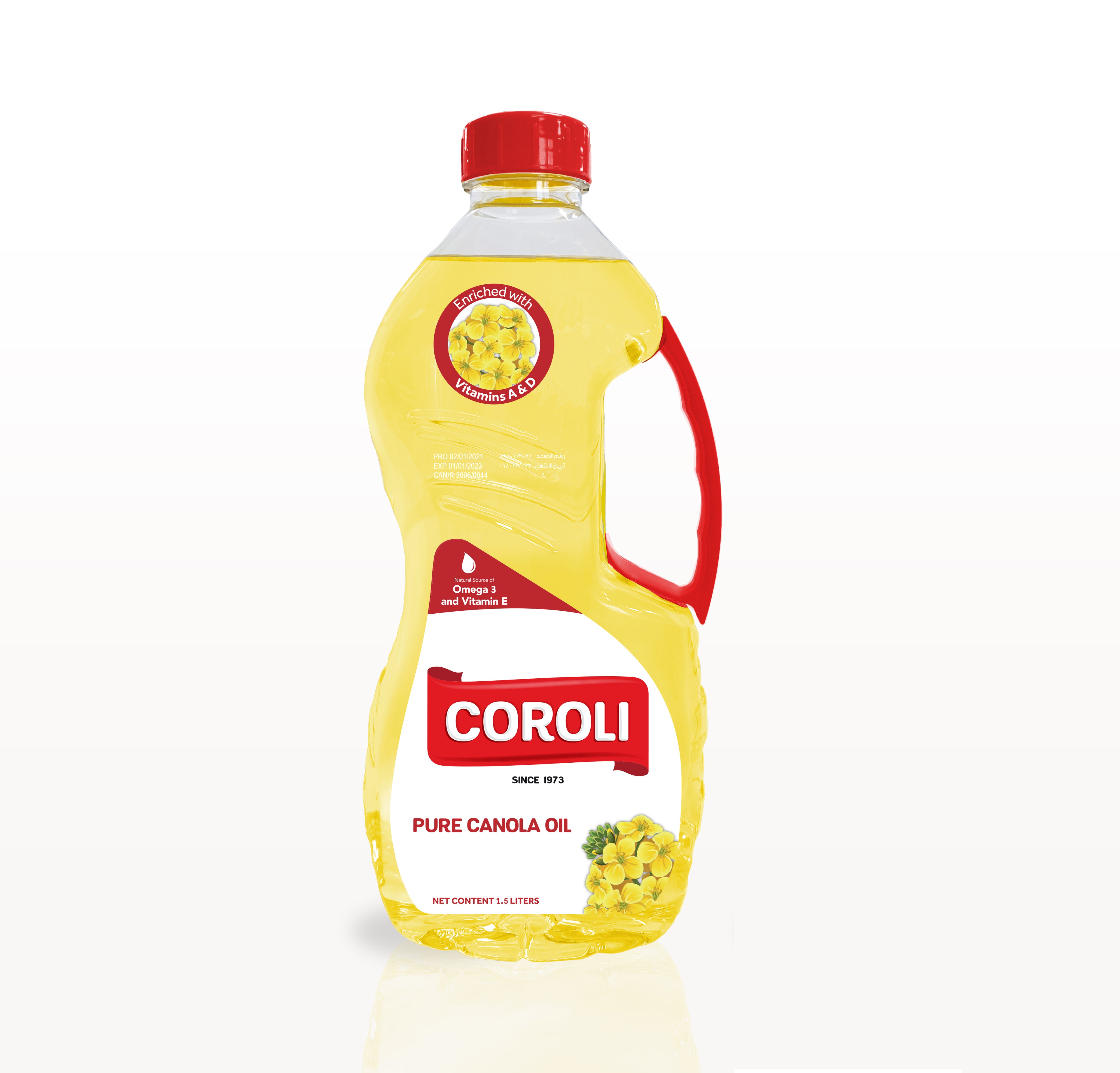 Coroli Pure Canola Oil 1.5 Liters Less Saturated Fat High Level of Omega-3 and Minimal Cholesterol for Cooking, Sauteing, Stir-frying And Baking