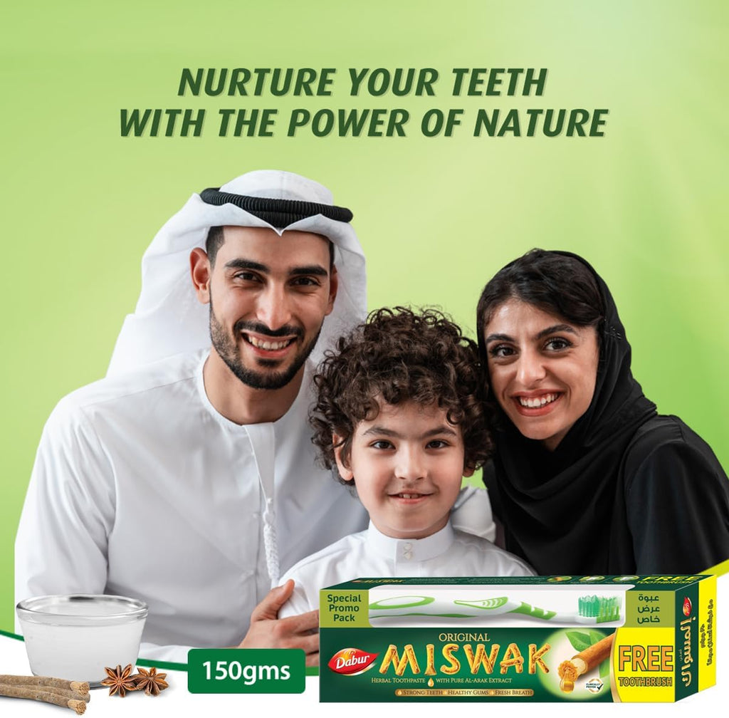 Dabur Miswak Toothpaste - Formulated with Unique Blend of Speacilized Herbs - Strengthens Teeth and Soothes Gum - Fights Bad Breath - 190 gm + Toothbrush