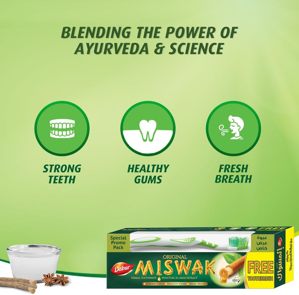 Dabur Miswak Toothpaste - Formulated with Unique Blend of Speacilized Herbs - Strengthens Teeth and Soothes Gum - Fights Bad Breath - 190 gm + Toothbrush