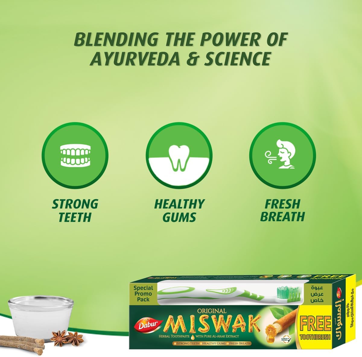 Dabur Miswak Toothpaste - Formulated with Unique Blend of Speacilized Herbs - Strengthens Teeth and Soothes Gum - Fights Bad Breath - 190 gm + Toothbrush