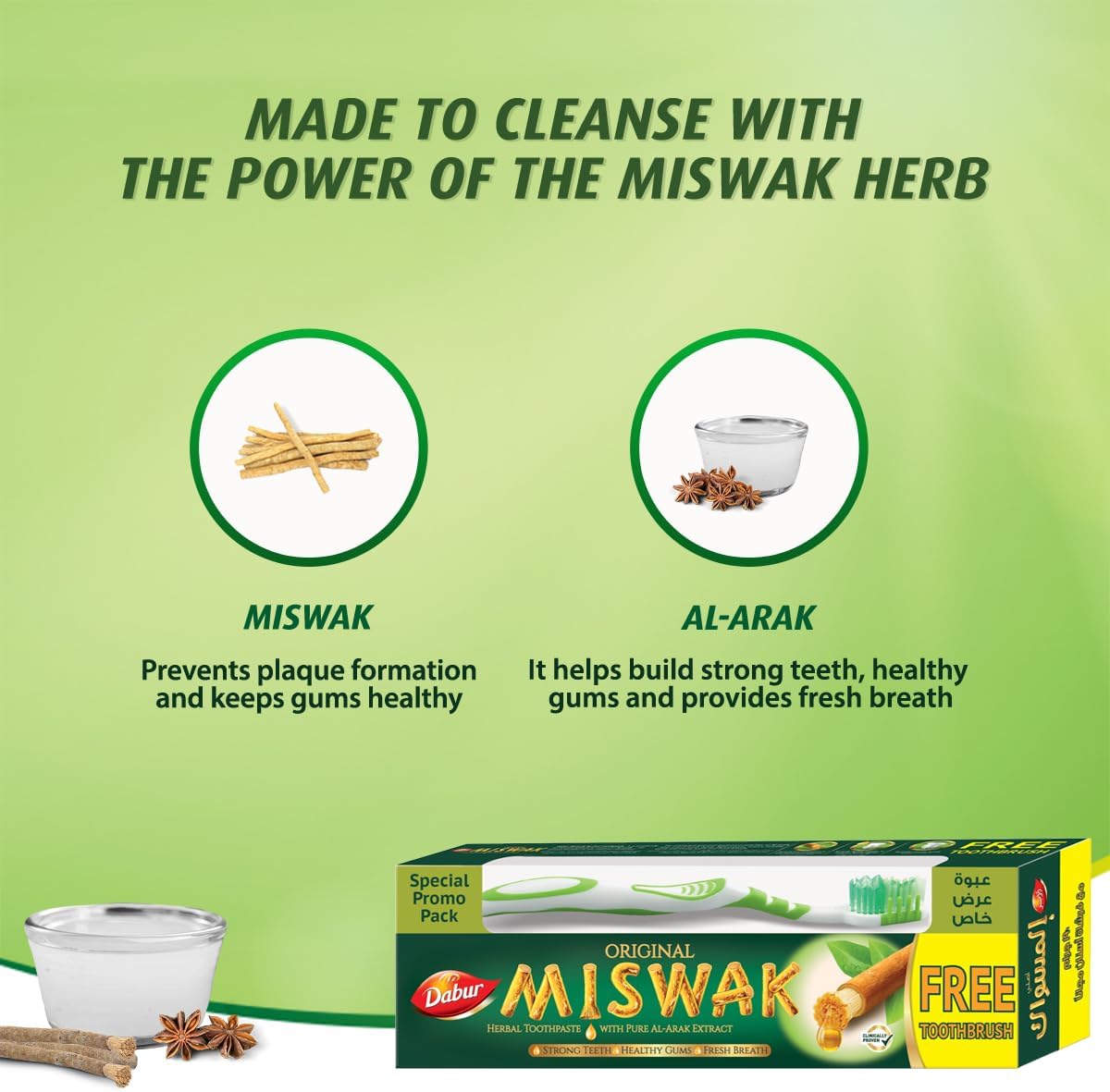 Dabur Miswak Toothpaste - Formulated with Unique Blend of Speacilized Herbs - Strengthens Teeth and Soothes Gum - Fights Bad Breath - 190 gm + Toothbrush