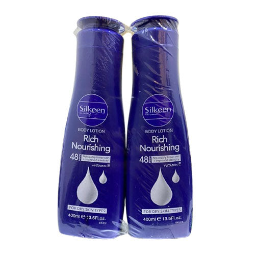 Silkeen Naturals Rich Nourishing Body Lotion - With Vitamin E - Noticeably Firmir Skin + Improved Elasticity - For Dry Skin Types - 400ml x 2 - Twin Pack