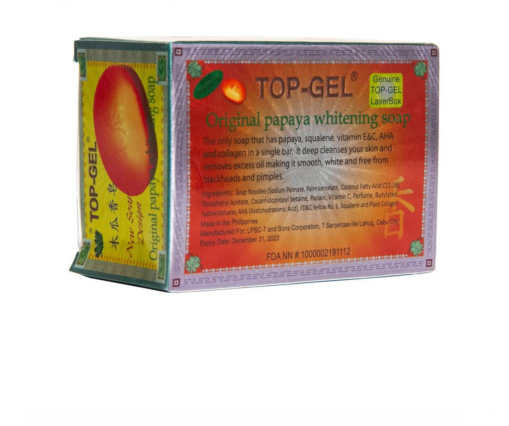 Top-Gel Original Papaya Whitening Soap  - With Squalene, Vitamin E & C & AHA & Collagen - Deeply Cleans Skin - Removes Excess Oil - Skin Free from Blackheads & Pimples - 145 g