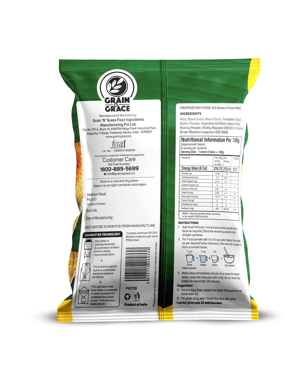 Grain N Grace 1 Minute Dosa Batter Powder - No Added Colours, Preservatives & Flavours  - Made from High Quality Rice & Lentils- 500 g