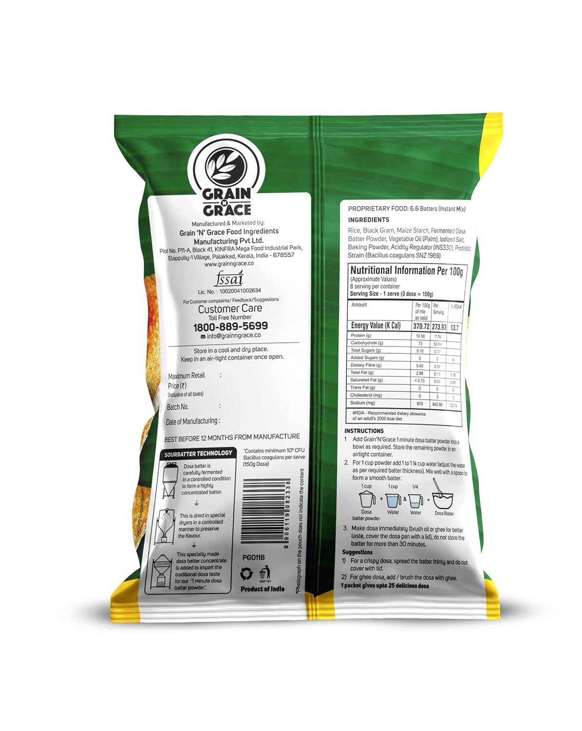 Grain N Grace 1 Minute Dosa Batter Powder - No Added Colours, Preservatives & Flavours  - Made from High Quality Rice & Lentils- 500 g