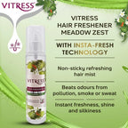 Vitress  Hair Freshener Meadow Zest  - Eliminates Unwanted Ordors - Keeps Hair Smooth & Shiny - With Anti-Bacterial Actives -  100ml