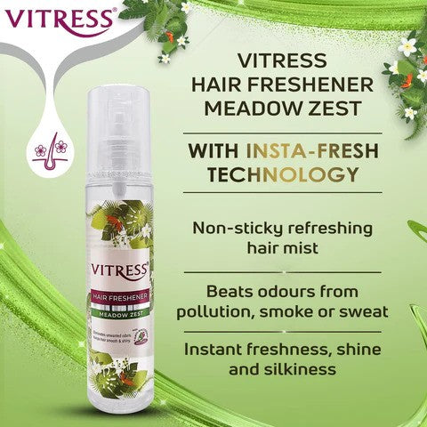 Vitress  Hair Freshener Meadow Zest  - Eliminates Unwanted Ordors - Keeps Hair Smooth & Shiny - With Anti-Bacterial Actives -  100ml