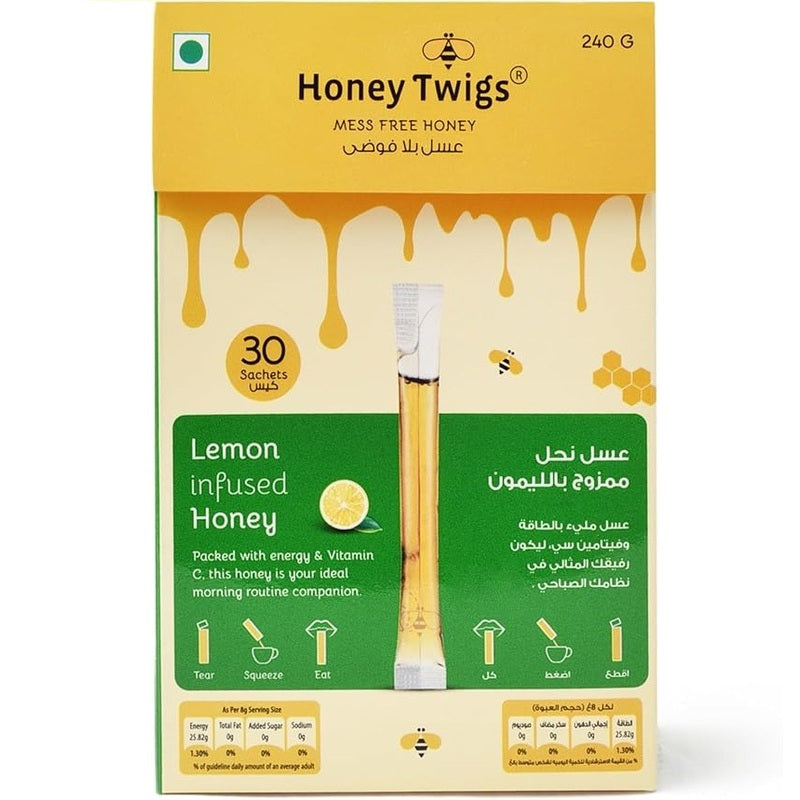 Honey Twigs  Lemon Infused Honey  - Natural Lemon Flavouring  - Rich in Vitamin C - 30 x 8 g