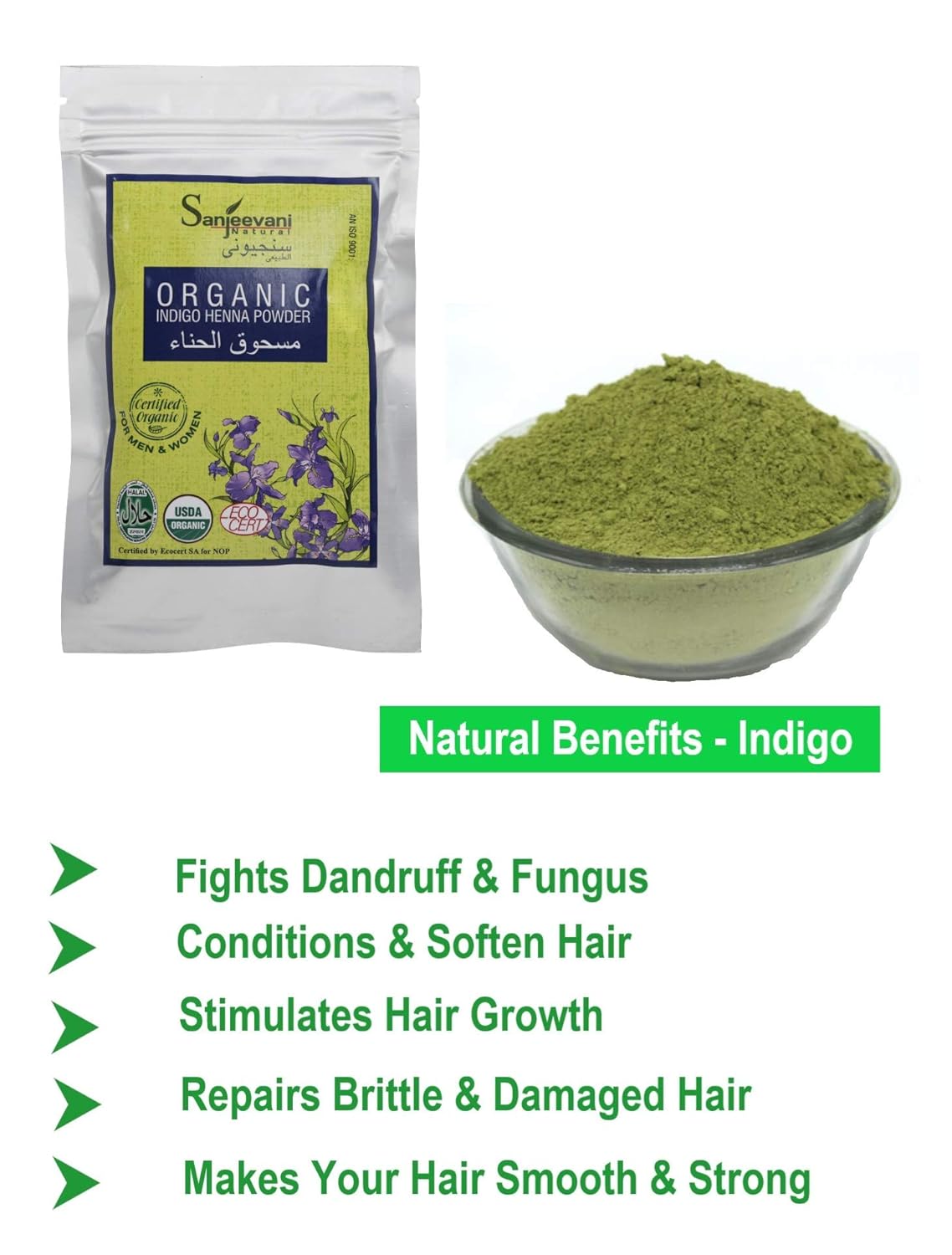 Sanjeevani Naturals Indigo Powder for Hair Color - Natural Grey Coverage & Hair Conditioning - For Men And Women   - 4 x 25 g - 100 Total Grams