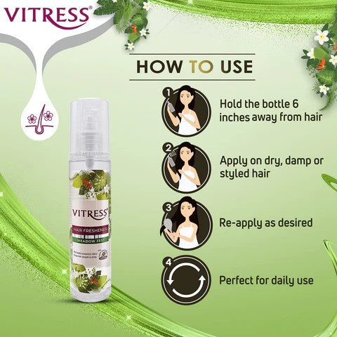 Vitress  Hair Freshener Meadow Zest  - Eliminates Unwanted Ordors - Keeps Hair Smooth & Shiny - With Anti-Bacterial Actives -  100ml