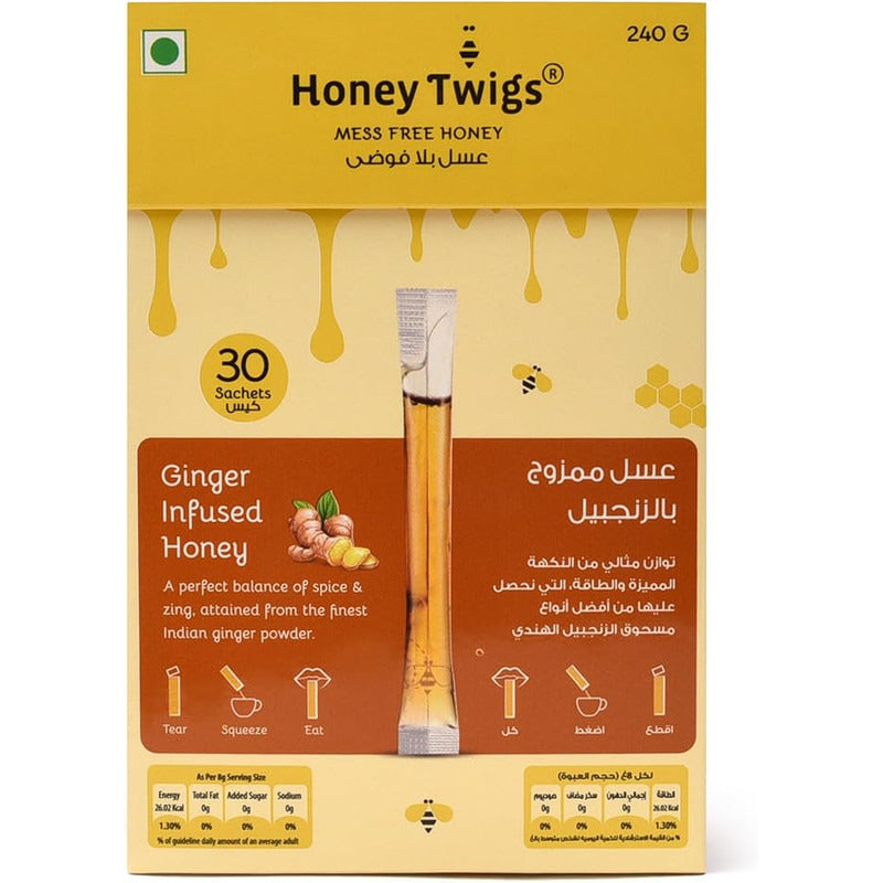 Honey Twigs  Ginger Infused Honey  - Anti Inflammatory & Aids Digestion - Best Ingredients, High Quality & No Added Sugar - 30 x 8 g