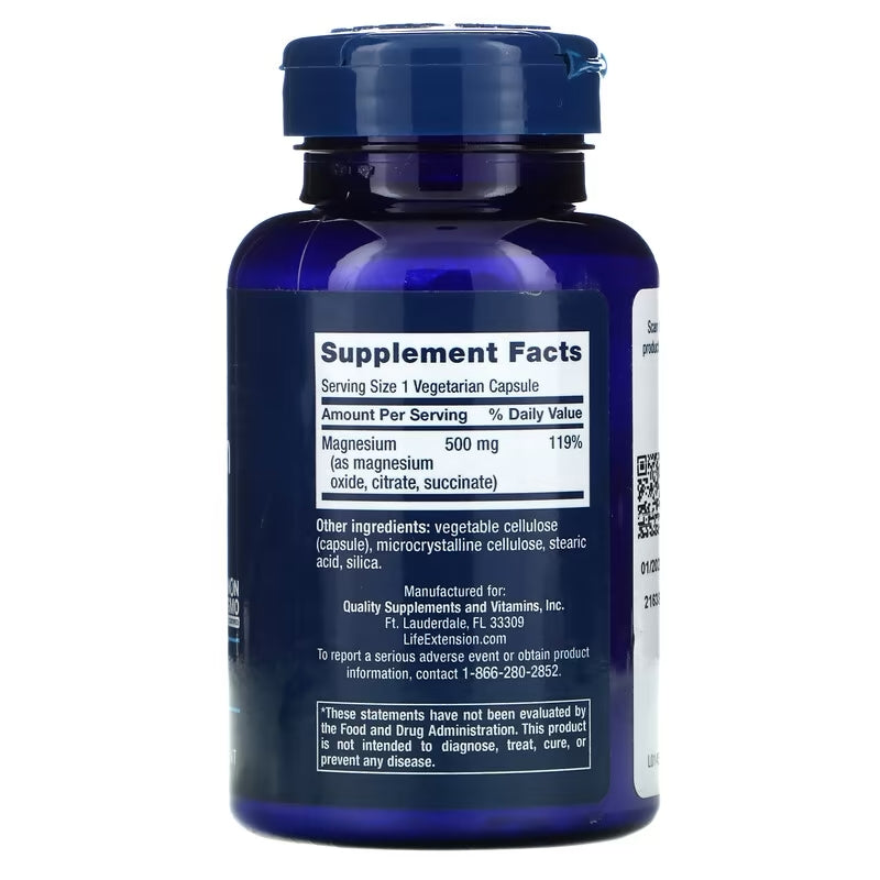 Life Extension Magnesium Caps 500 mg 100 capsules - Essential Mineral for Cardiovascular Health - Dietary Supplement - Gluten Free & Non GMO  - 100 capsules