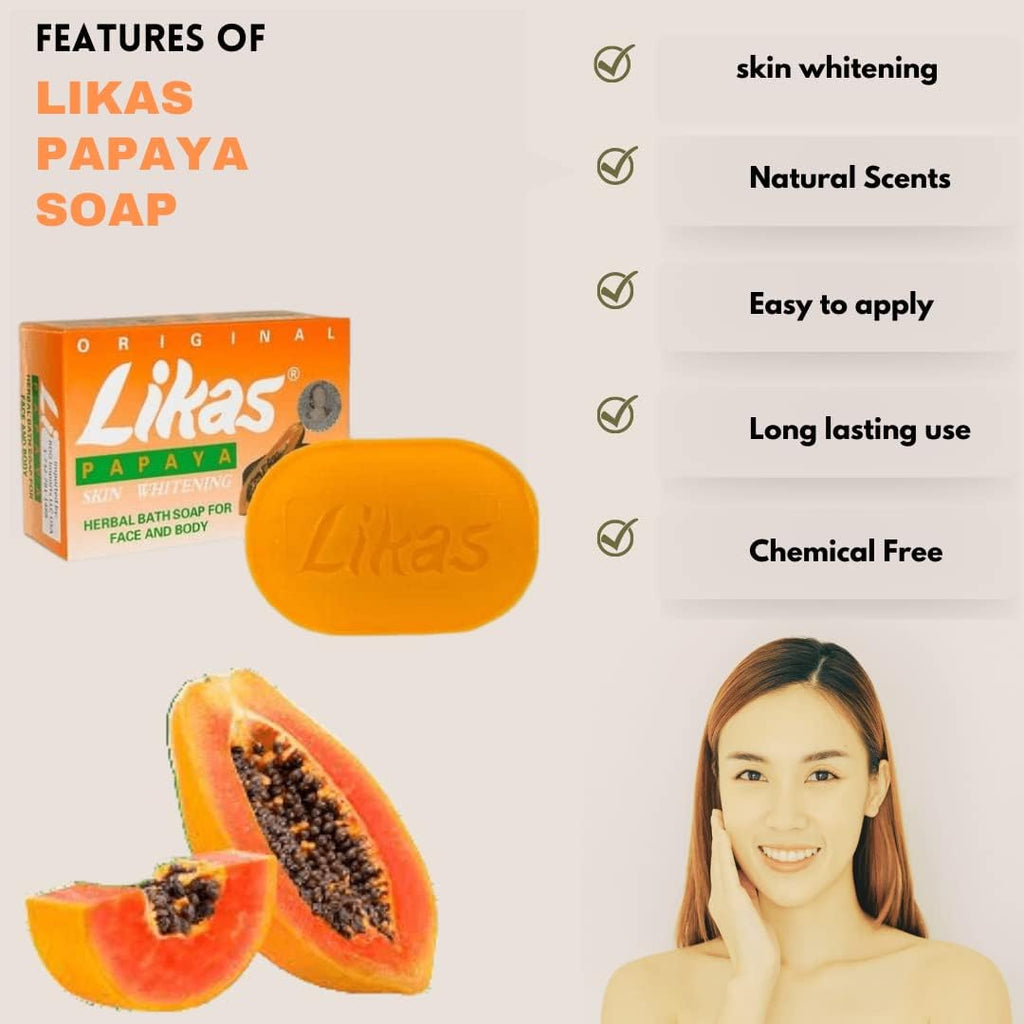 Likas Skin Whitening Soap Papaya - Herbal Bath Soap For Face and Body - For Clearer and Finer Skin Complexion - Enriched with Papaya Enzymes - Promo 2 Pack x 135 g