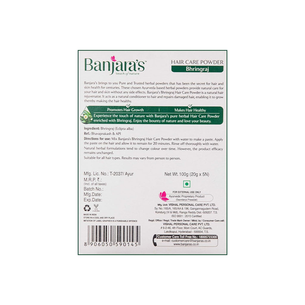 Banjara's- Bhringraj Hair Care Powder - Promotes Hair Growth - to maintain a healthy scalp enviornment- Reduces the Occurrence of Dandruff, & Stimulates Hair Growth - 100g
