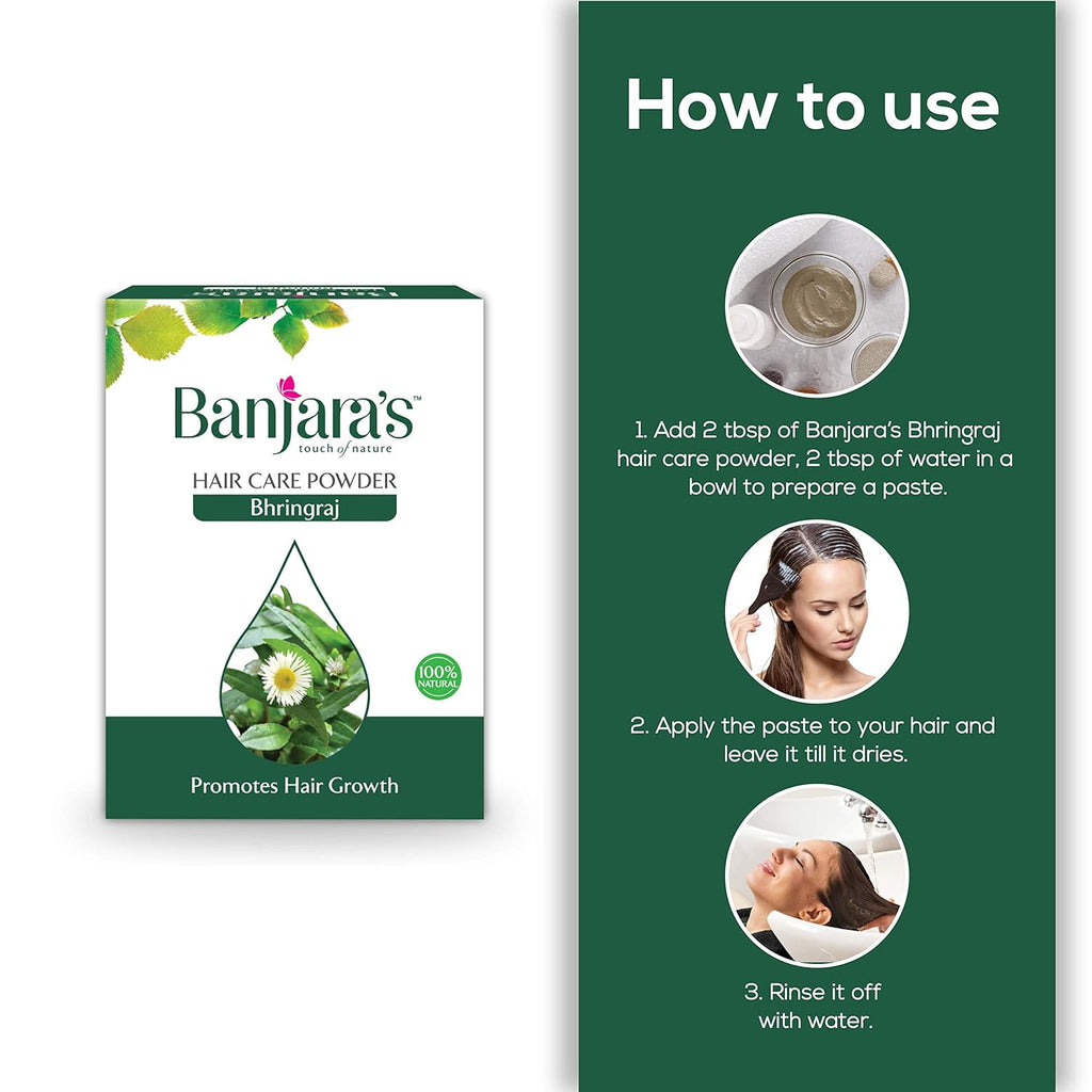 Banjara's- Bhringraj Hair Care Powder - Promotes Hair Growth - to maintain a healthy scalp enviornment- Reduces the Occurrence of Dandruff, & Stimulates Hair Growth - 100g