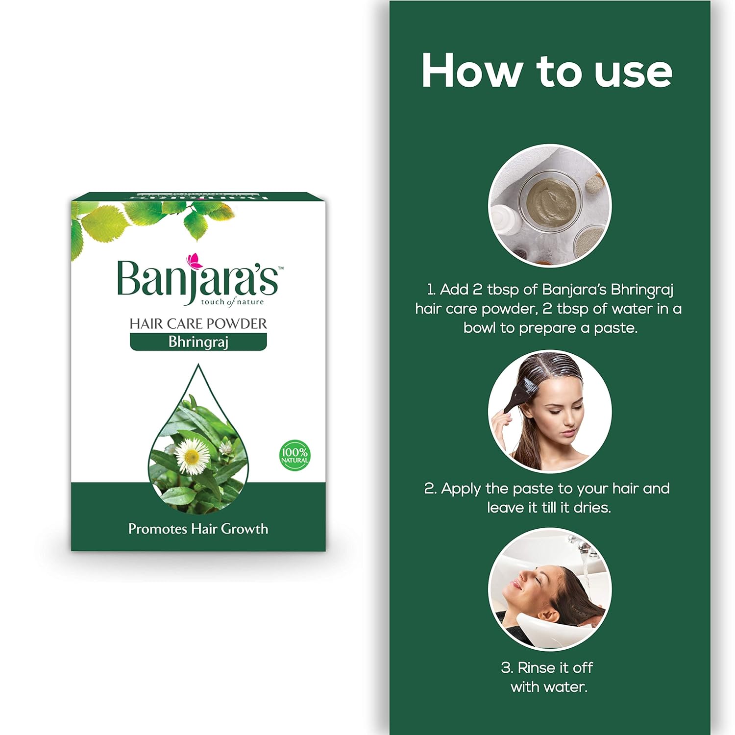 Banjara's- Bhringraj Hair Care Powder - Promotes Hair Growth - to maintain a healthy scalp enviornment- Reduces the Occurrence of Dandruff, & Stimulates Hair Growth - 100g