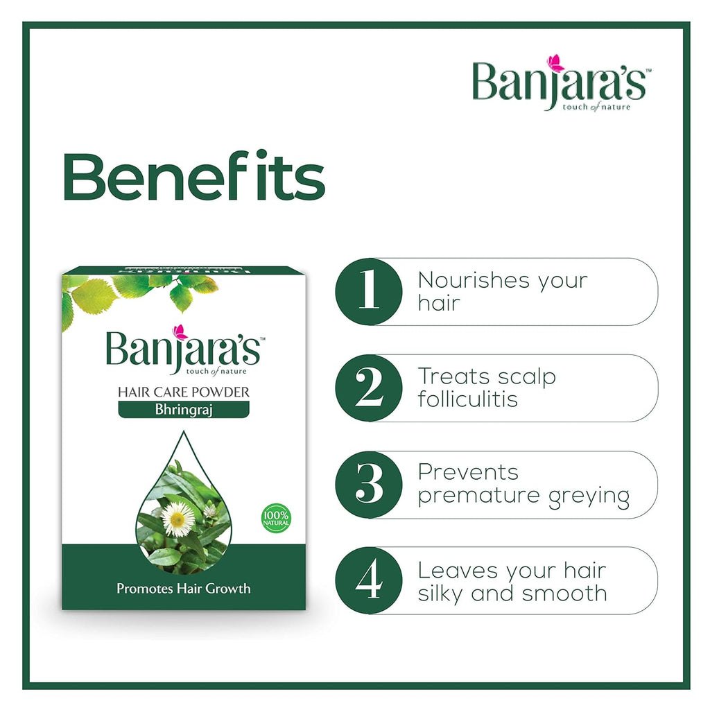 Banjara's- Bhringraj Hair Care Powder - Promotes Hair Growth - to maintain a healthy scalp enviornment- Reduces the Occurrence of Dandruff, & Stimulates Hair Growth - 100g