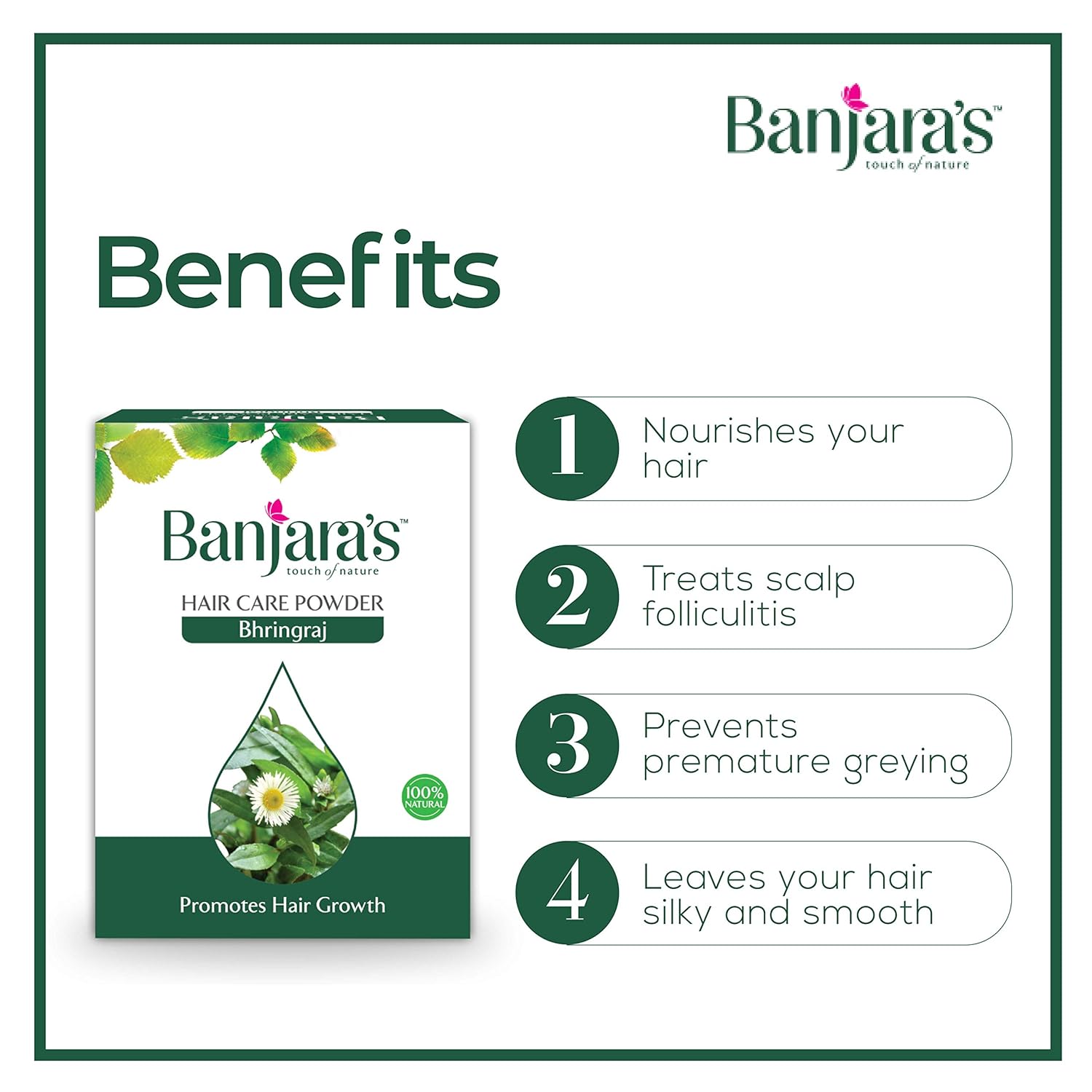 Banjara's- Bhringraj Hair Care Powder - Promotes Hair Growth - to maintain a healthy scalp enviornment- Reduces the Occurrence of Dandruff, & Stimulates Hair Growth - 100g