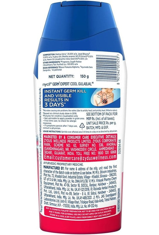 Nycil Zydus Cool Gulabjal Prickly Heat Powder - Helps Protect from Common Germs & Bacteria - Fights Body Odor, Itching, Rashes - with Cooling Effect-187.5 Grams