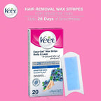 Veet Easy Gel Wax Strips For Body & Legs Up to 28 Days of Smoothness  With Soothing Blue Cornflower Fragrance - 20 Wax Strips