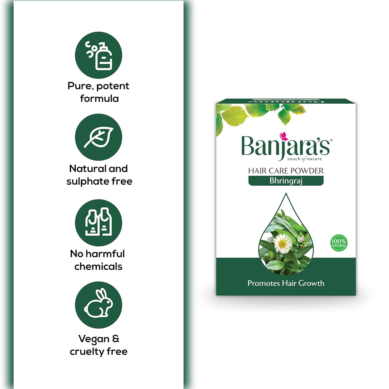 Banjara's- Bhringraj Hair Care Powder - Promotes Hair Growth - to maintain a healthy scalp enviornment- Reduces the Occurrence of Dandruff, & Stimulates Hair Growth - 100g
