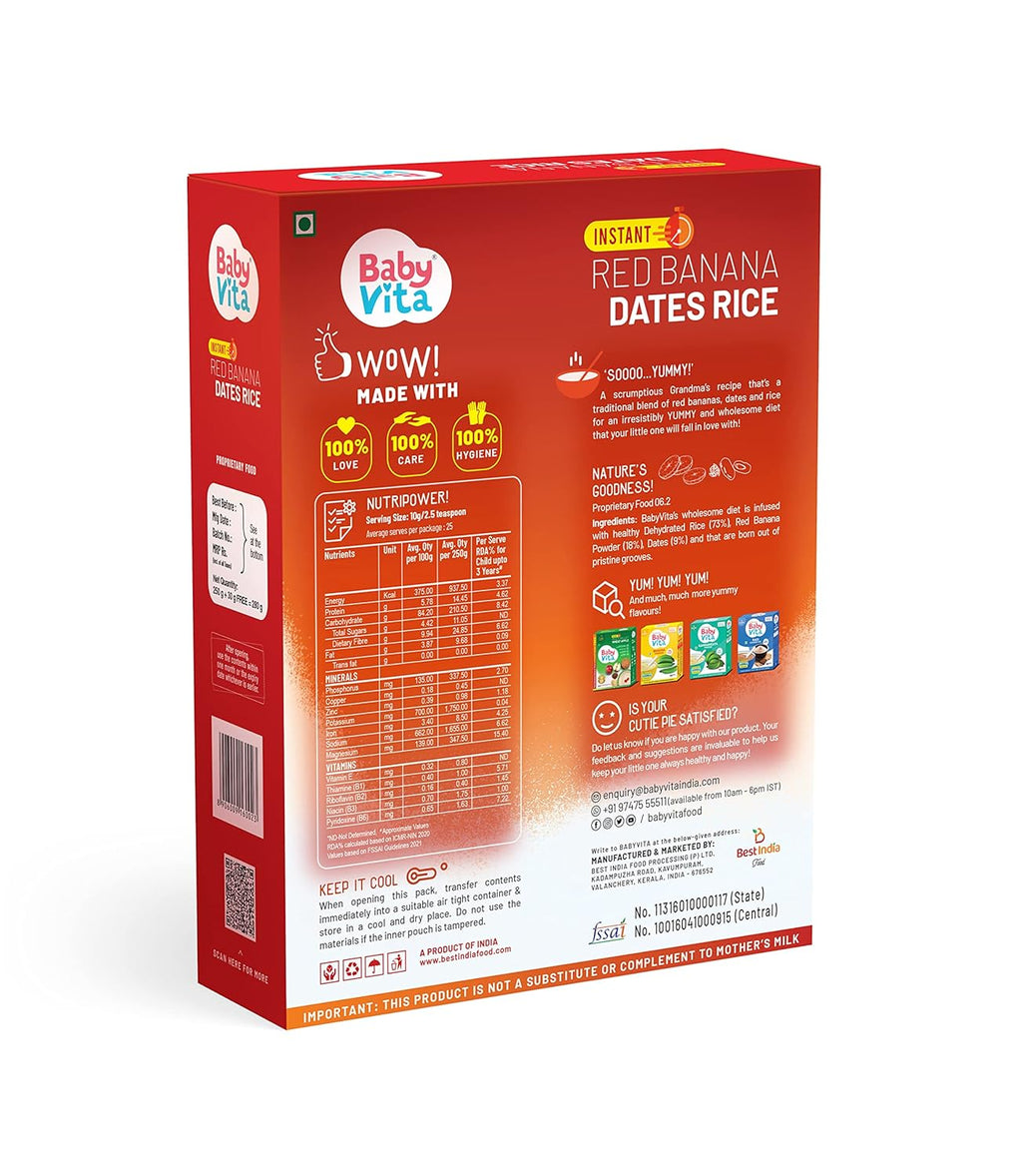 BabyVita Red Banana Dates Rice - Powerful Pack of 15 Essential Nutrients - No Added Sugar, No Added Preservatives, Natural Ingredients - 280g